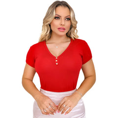 JOHE Blusa Feminina Básica gola v manga curta